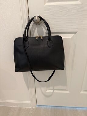 Structured Black Leather Satchel with Dual Handles and Strap made in Italy